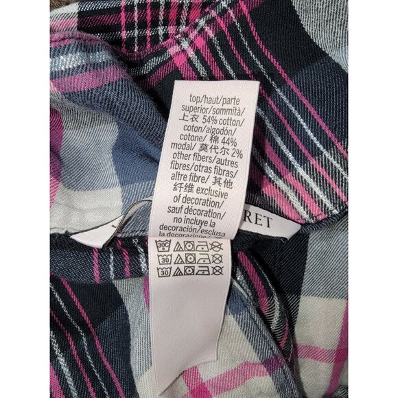 Victoria's Secret Flannel Button Up Sleep Shirt Pajama Top Black Pink Plaid - Picture 4 of 5